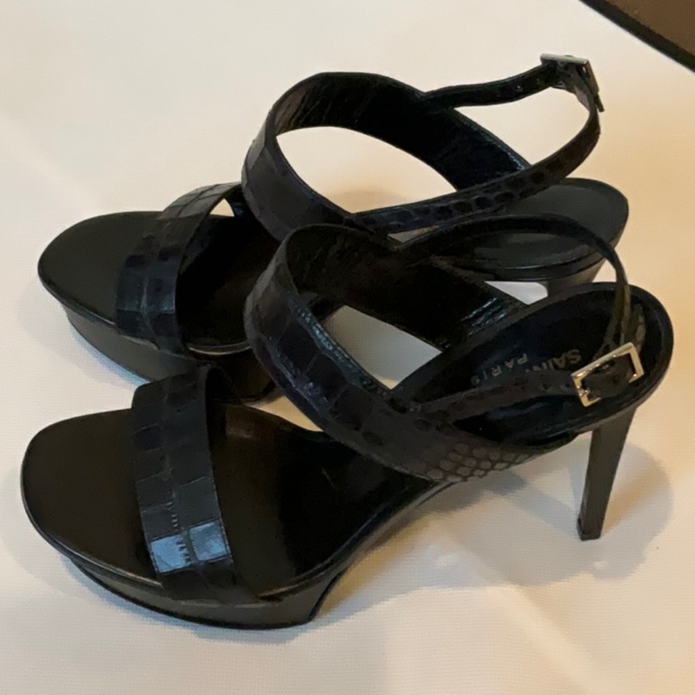 Saint Laurent Black Croc Strappy Heels